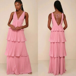 Lulus Mesmerizing Essence Pink Pleated Backless Tiered Maxi Dress Wedding Party